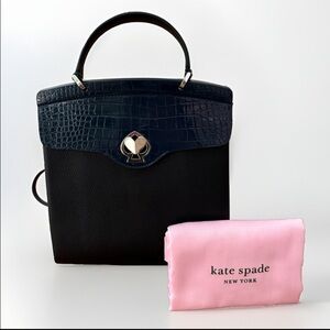 NWT Kate Spade Romy Black Leather Backpack Purse w Blue Embossed Croc Flap